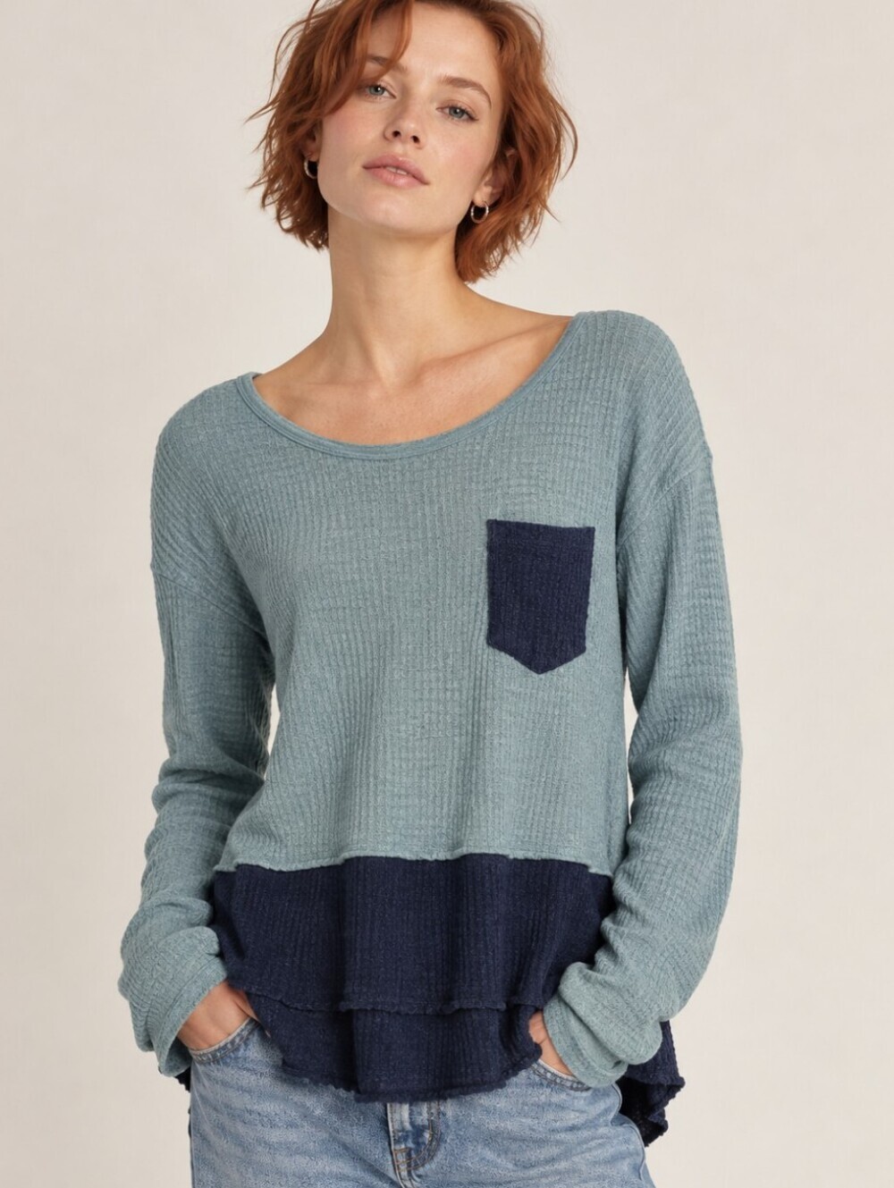 We The Free Two-Tone Waffle Knit Top - Mint & Navy Pocket *Relaxed Fit *XS *NWT